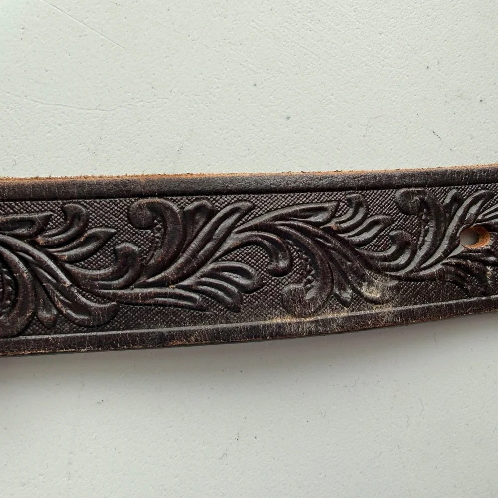 Tony Lama Kids Black Tooled Leather Belt Silver Gold Longhorn Buckle 22